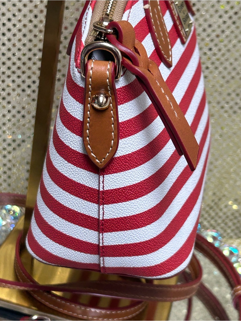 Dooney & Bourke Red and White Striped Crossbody Satchel with Brown Trim - Picture 4 of 16